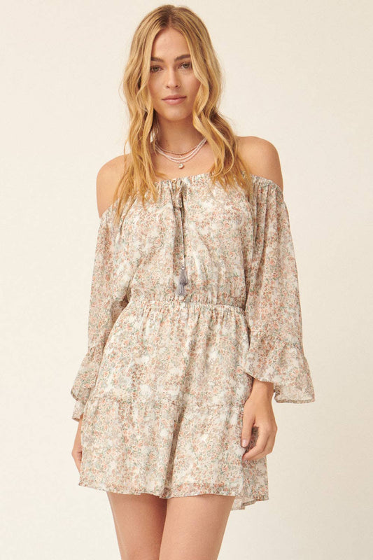 Promesa USA Blush-Grey / S Floral Off Shoulder Mini Peasant Dress Floral Off Shoulder Mini Peasant Dress