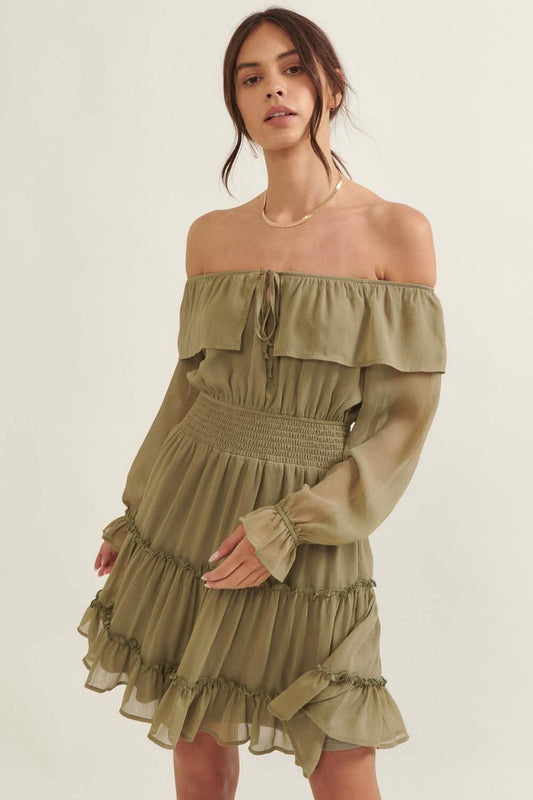 Promesa USA L / Smoke Green Solid Semi-Sheer Chiffon Flounce Ruffle Mini Dress Solid Semi-Sheer Chiffon Flounce Ruffle Mini Dress