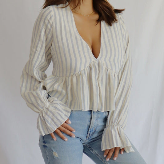 Scarlet 31 TOP Montauk Ivory Blue Striped Long Sleeve